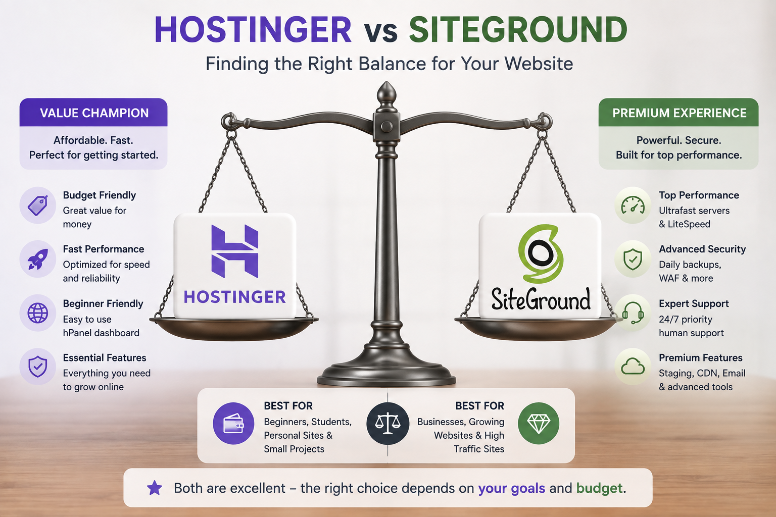 A balanced scale illustration with a Hostinger-branded icon on one side and a SiteGround-branded icon on the other