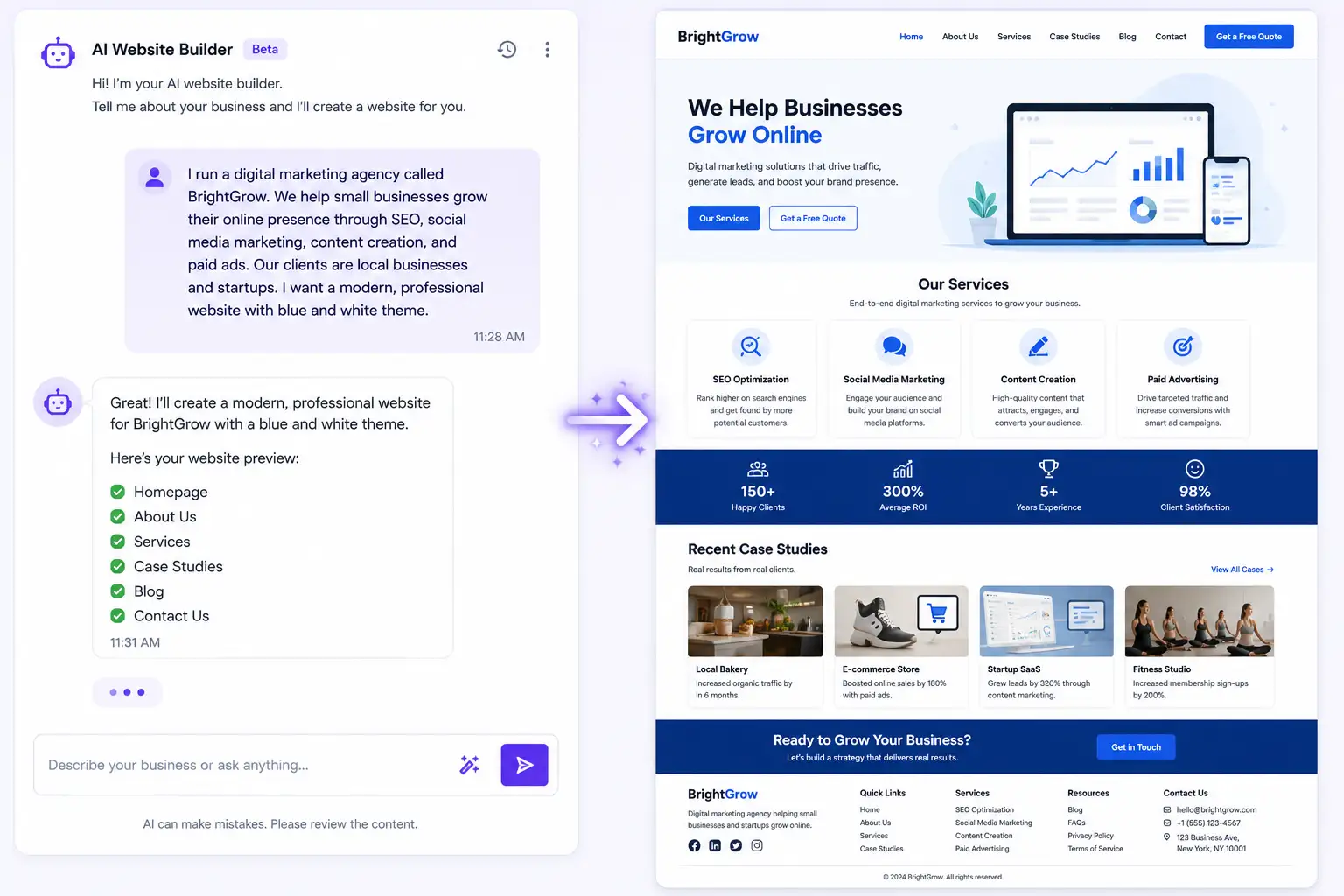 Split-screen illustration showing a chat prompt interface on left and multi-page website mockup preview on right