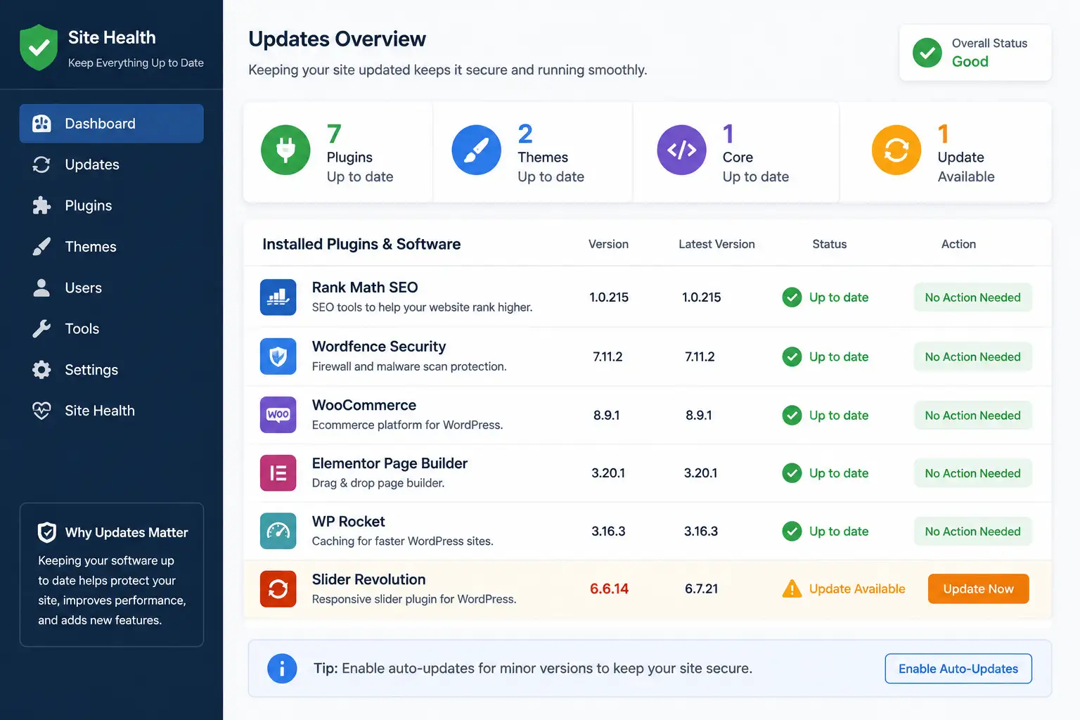 Dashboard illustration showing a list of plugins with checkmarks for updated items and a warning for outdated items