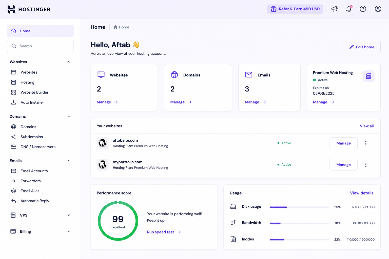 Hostinger hPanel dashboard home screen showing left sidebar navigation