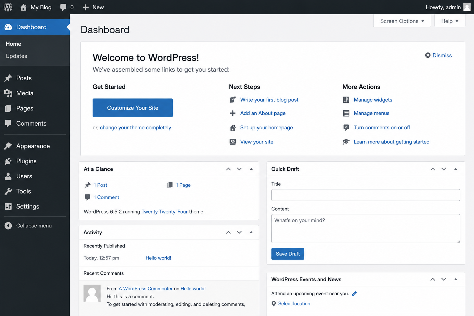 WordPress admin dashboard immediately after fresh installation showing welcome panel