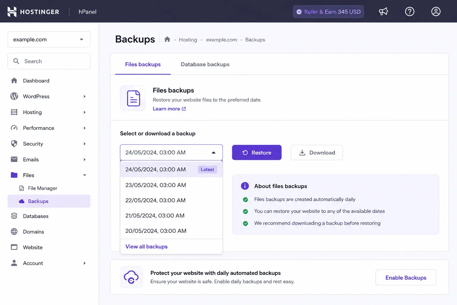 Screenshot-style illustration of the hPanel Backups section showing tabs for Files backups and Database backups