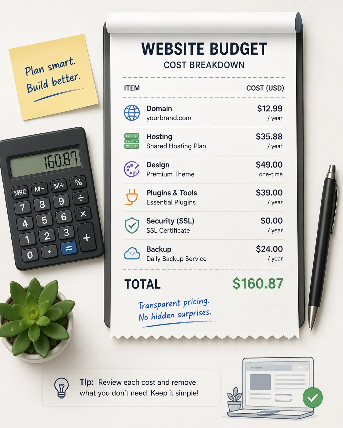 Conceptual illustration of a budget calculator showing transparent website cost breakdown