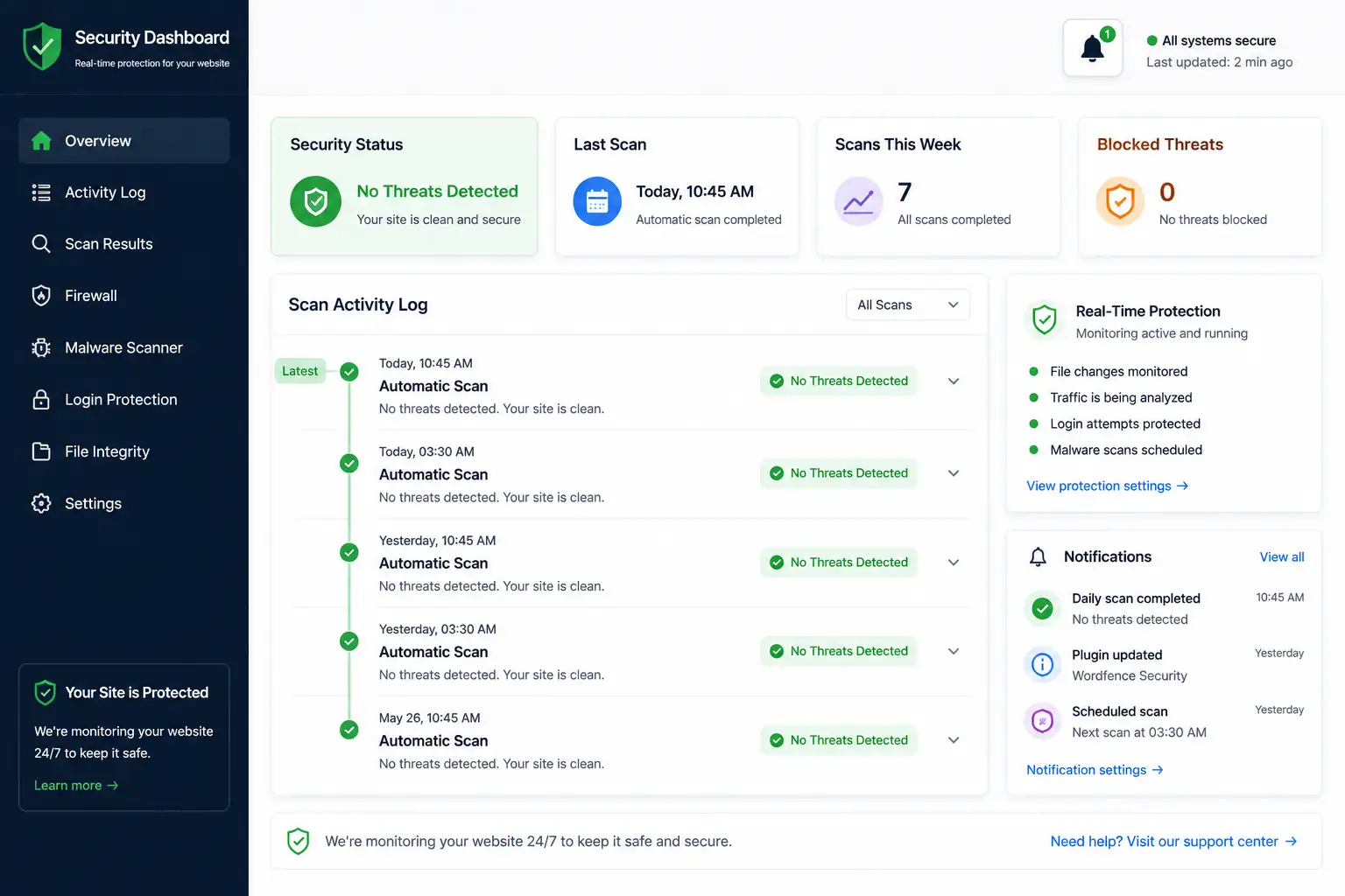 Illustration of a security dashboard activity log with scan results and monitoring status