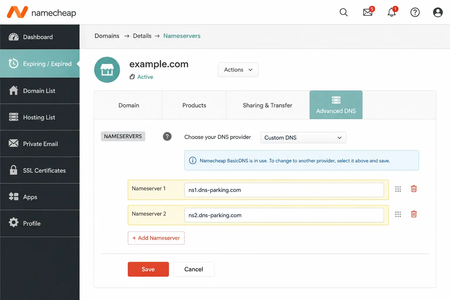 A screenshot-style illustration of a domain registrar's nameserver settings panel with two nameserver fields highlighted and a Save button visible